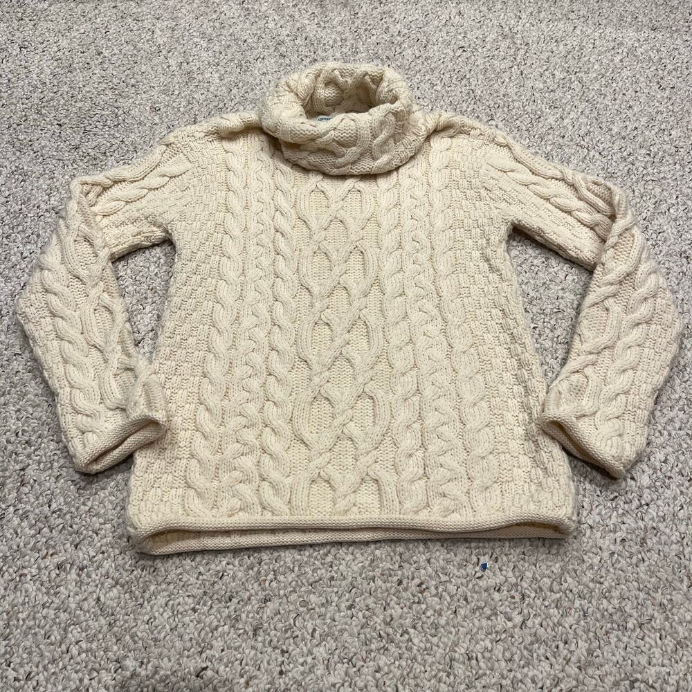 Aran Crafts Wool Cable Knit Turtleneck Sweater L Cream Preppy Classic Casual